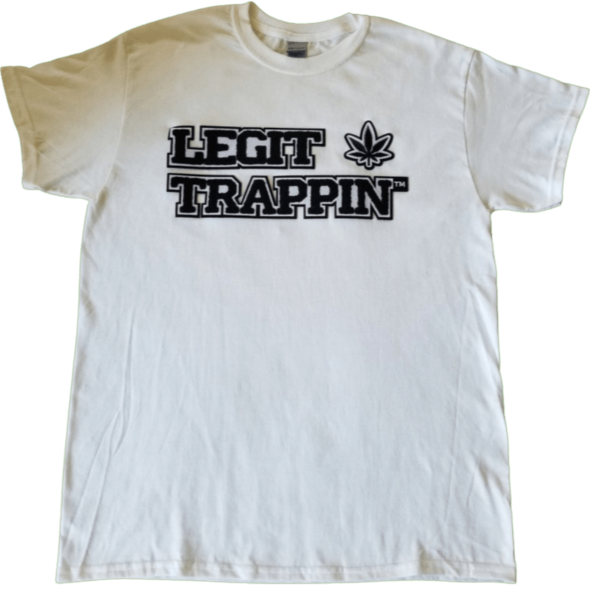 White "LEGIT TRAPPIN" Tee w/ Cannabis Leaf in B/W Logo