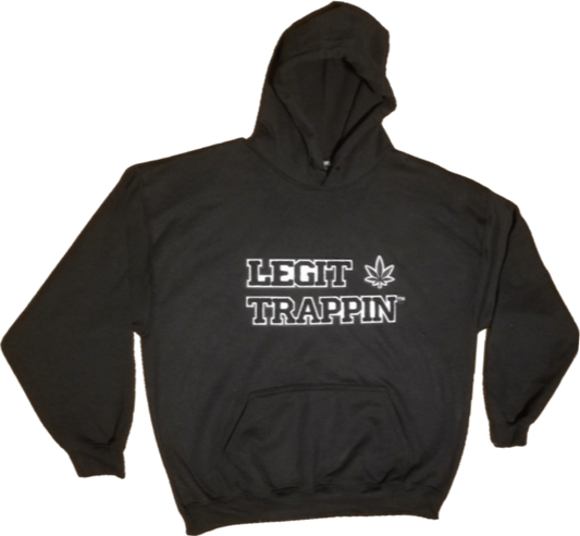 Black "LEGIT TRAPPIN" Hoodie - B&W Logo w/ Cannabis Leaf
