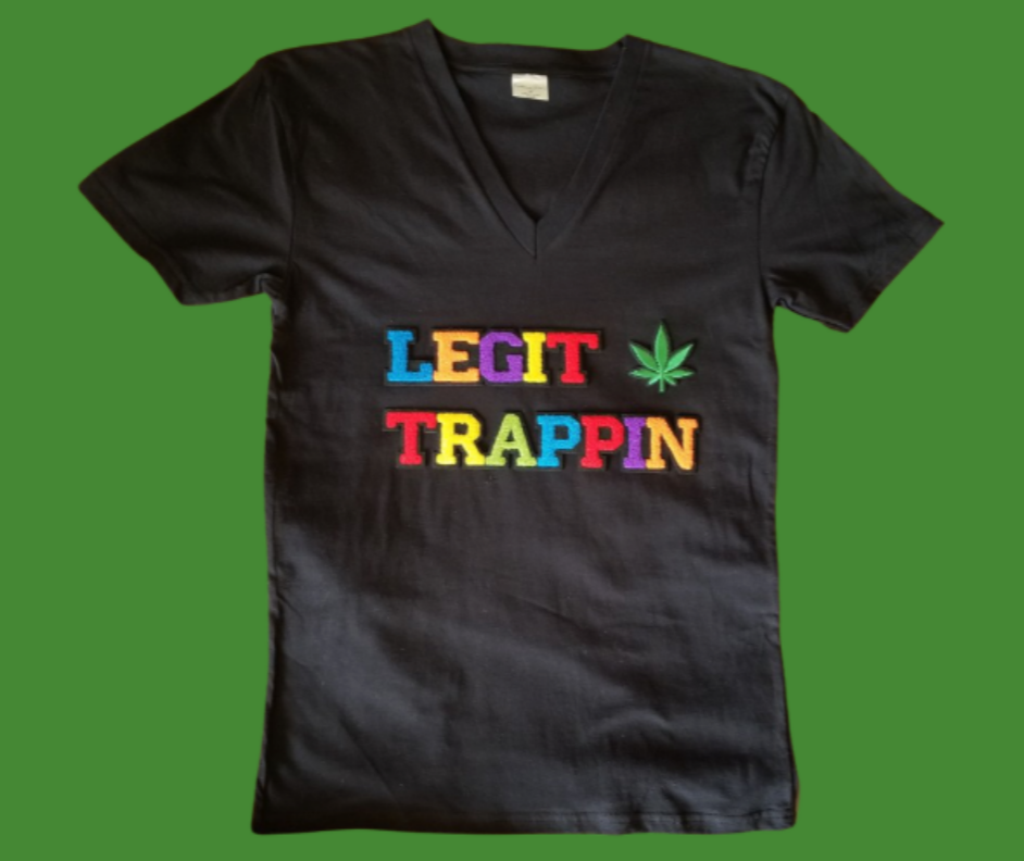 Black V Neck "LEGIT TRAPPIN" Tee w/ Cannabis Leaf