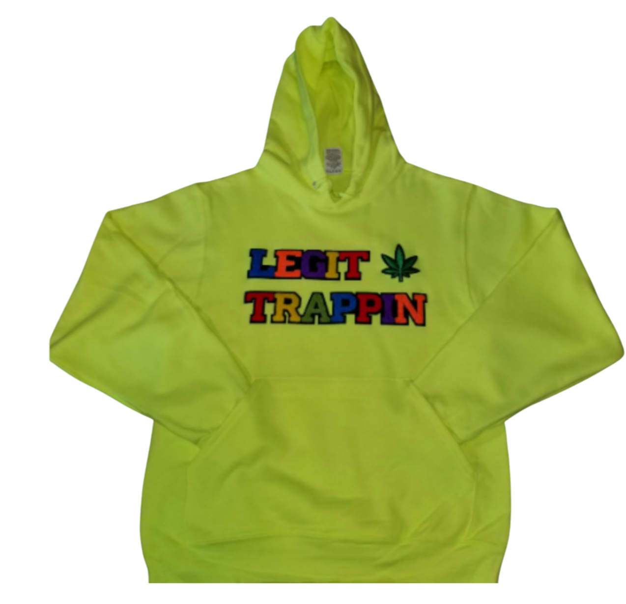 Safety Yellow "LEGIT TRAPPIN" Hoodie w/ Cannabis Leaf