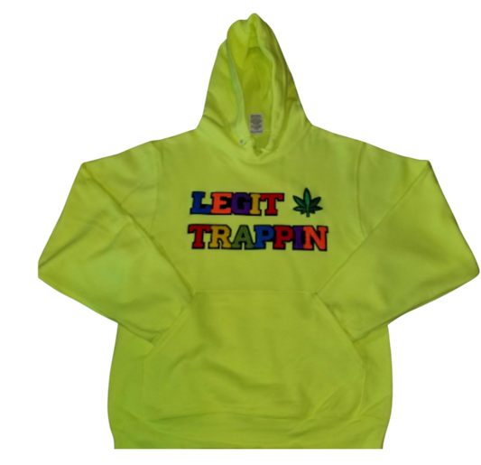 Safety Yellow "LEGIT TRAPPIN" Hoodie w/ Cannabis Leaf