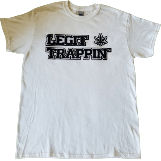 White  "LEGIT TRAPPIN" Tee w/ Cannabis Leaf in B/W Logo