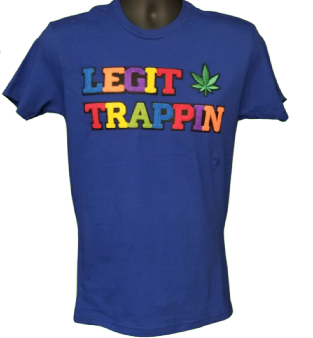 Blue "LEGIT TRAPPIN™" Tee w/ Cannabis Leaf