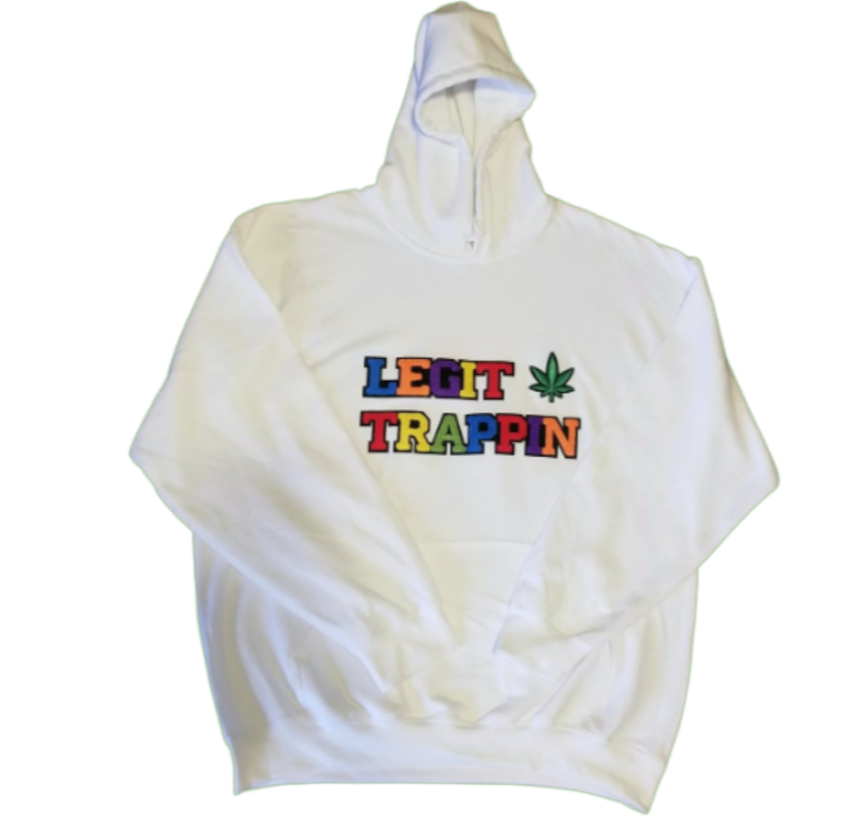 White "LEGIT TRAPPIN" Hoodie w/ Cannabis Leaf