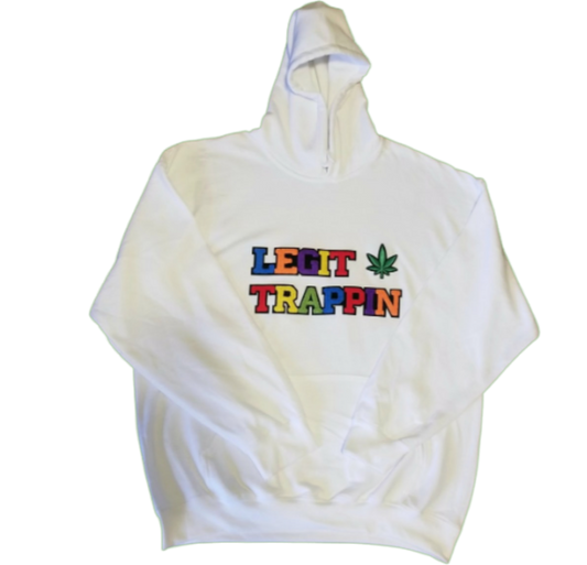 White "LEGIT TRAPPIN" Hoodie w/ Cannabis Leaf