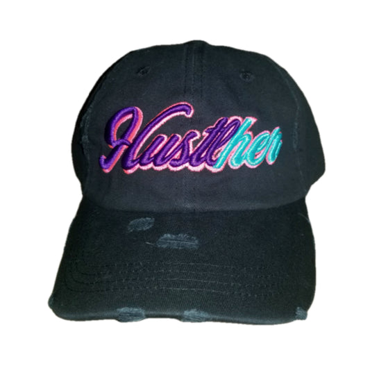 Black "HustlHER" hat- Purple, Turquoise, Pink logo